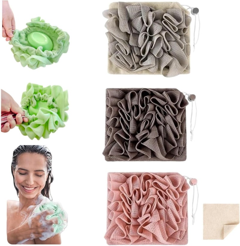 MOSYFEIBI Washcloth Loofah Combo 2-in-1 Loufee Wash Cloth That Holds Bar Soap-Exfoliation Mesh Shower Ball for Body Wash&Smooth Skin+Free Loofah Dish Towel - Image 1
